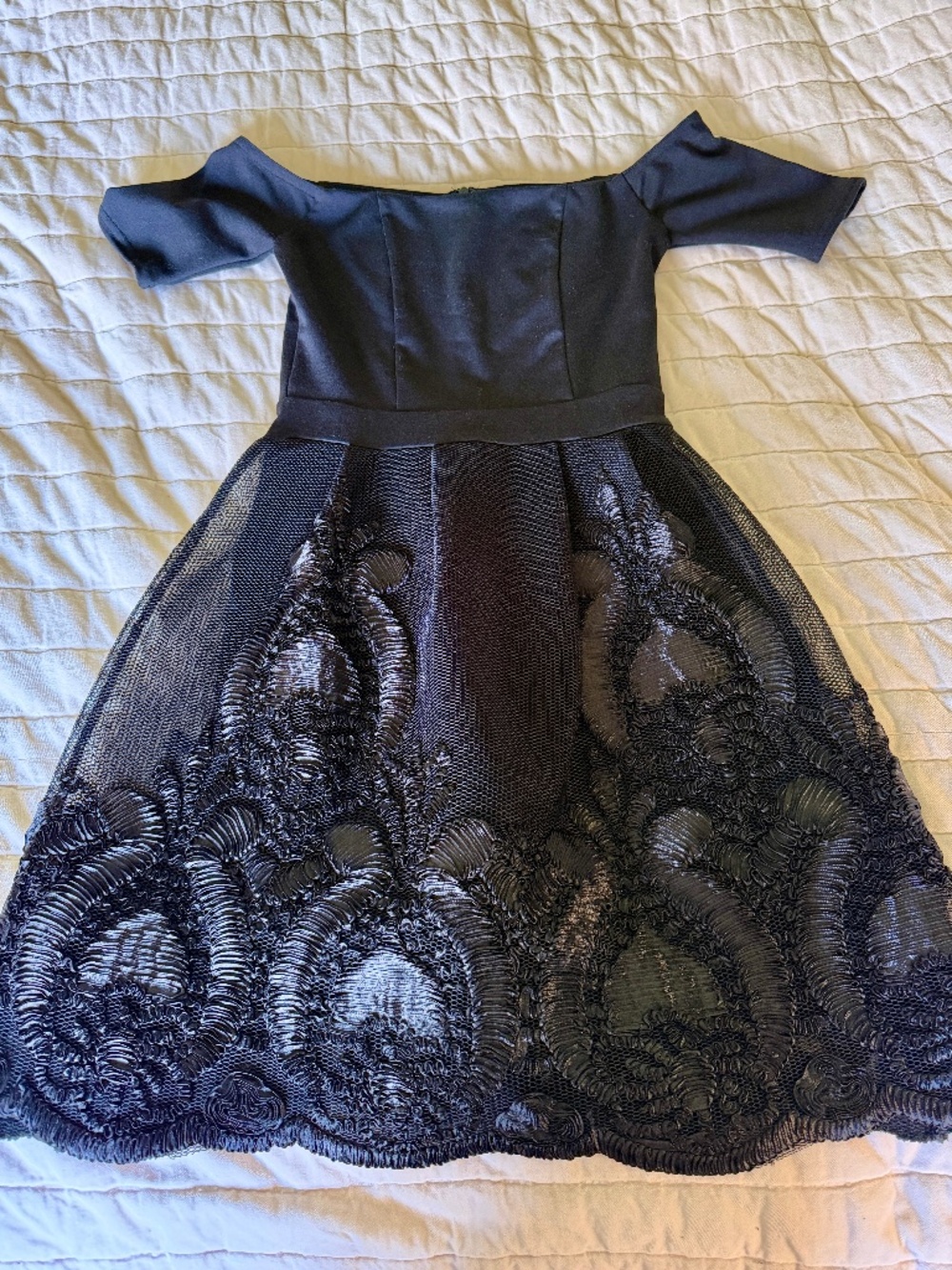 Black Textured Floral Appliqué Dress